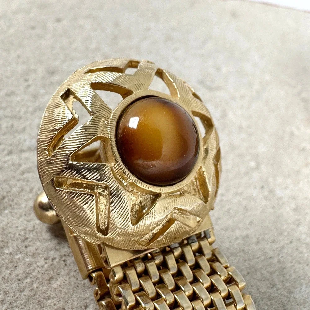 Vintage Gold Tone Mesh Cufflinks Tiger's Eye‎ Cabochon Starburst 1960s-70s Retro